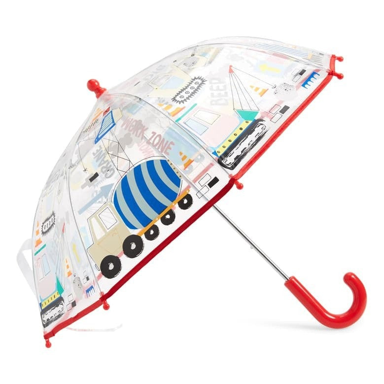 Floss and Rock Construction color-change umbrella with clear canopy, red frame and curved handle