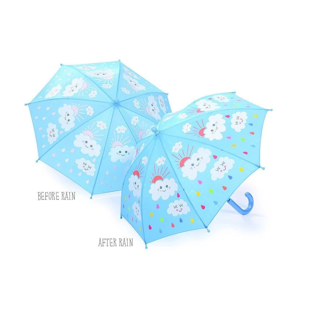 Floss and Rock color-change umbrella set, light blue umbrellas with clouds, rainbows and raindrops (2)