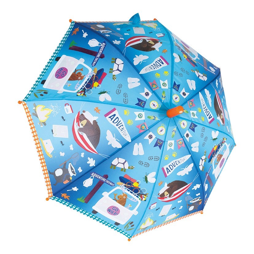 FLOSS AND ROCK Color Change Umbrellas Adventure rain umbrella, blue with bear/boat prints, open to display vivid design.