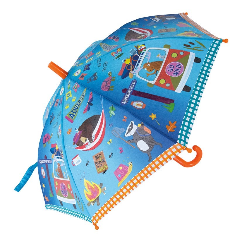 Floss And Rock Color Change Umbrellas Adventure kids' blue umbrella with orange handle and playful travel prints.