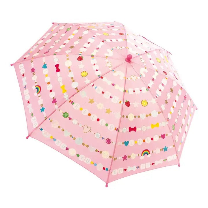 Floss And Rock Color Change Umbrellas Friendship pink umbrella opened, showing colorful bead garland patterns.