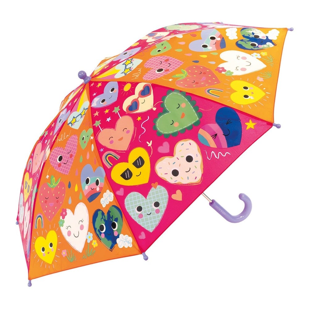 Floss And Rock Color Change Umbrellas Hearts rain umbrella opened wide with bright heart panels and a purple curved handle.
