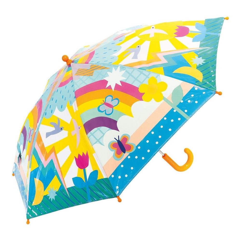 Floss And Rock Color Change Umbrellas Rainbows children's umbrella with bright rainbow panels and a curved orange handle