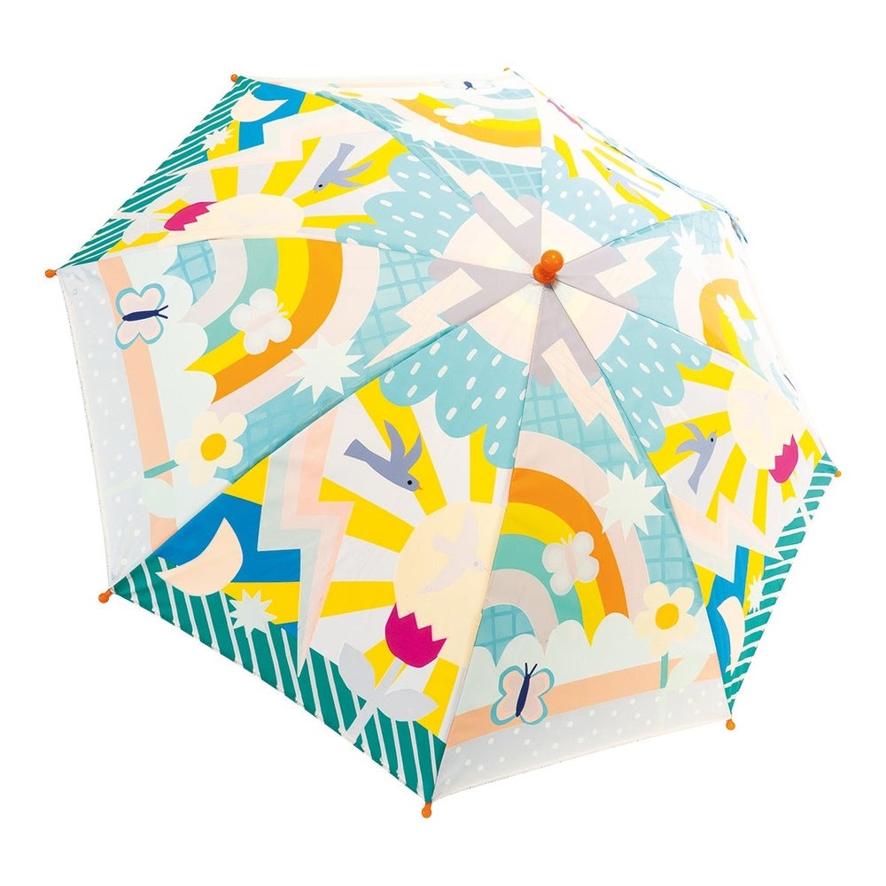 Floss And Rock Color Change Umbrellas Rainbows umbrella opened to reveal a vibrant rainbow pattern.