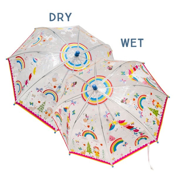 Floss And Rock Color Changing Umbrella Rainbow Fairy, bright rainbow fairies shown dry and wet to reveal color change.