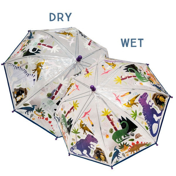 Floss and Rock Colour Change Umbrella Dino Transparent; two clear canopies with colorful dinosaur illustrations