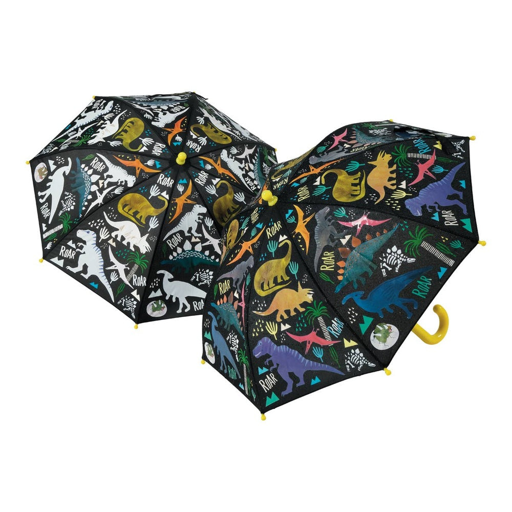 Floss and Rock Colour Change Dinosaur Umbrella set of 2 with black canopy and multicolor dinosaur prints, yellow handles