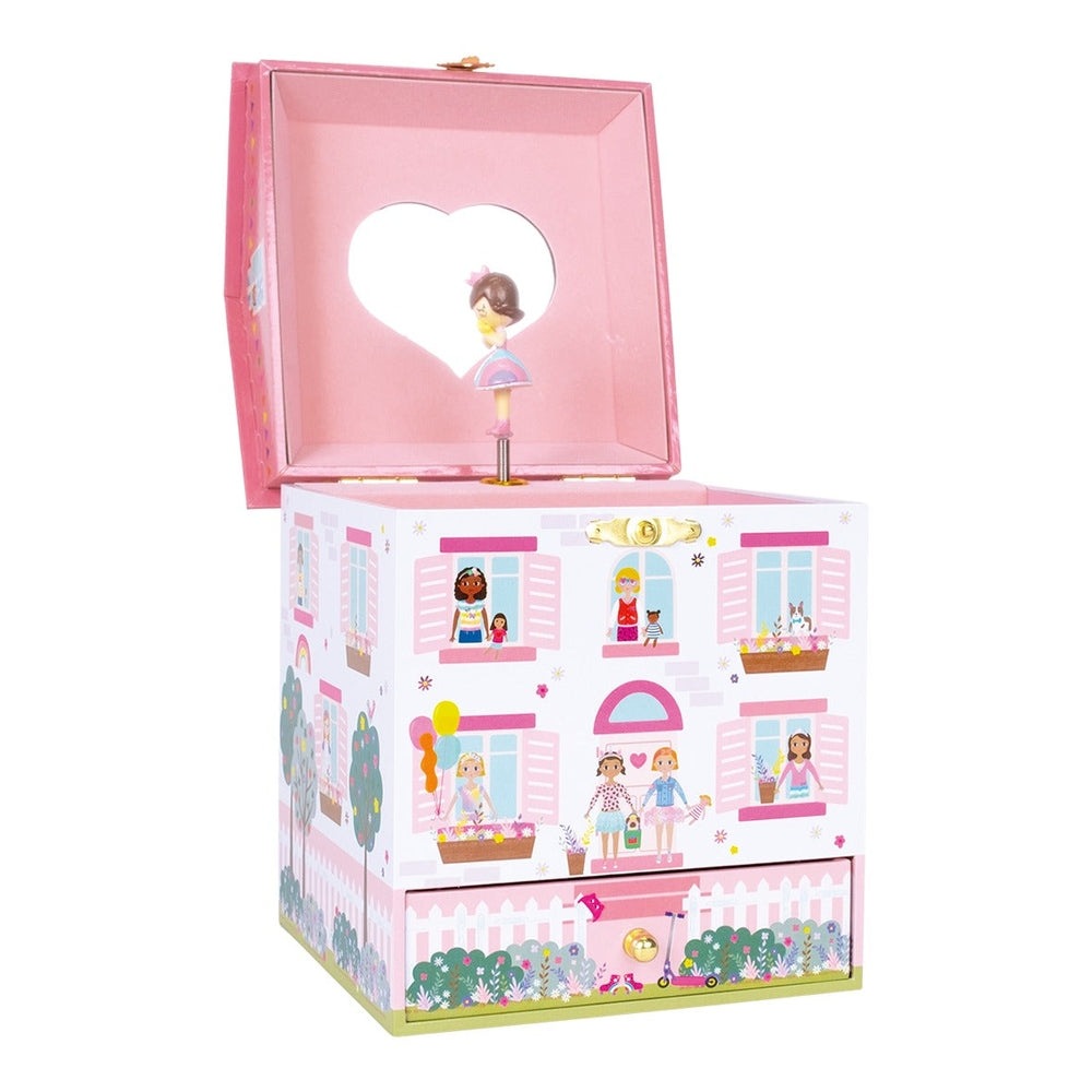 Floss And Rock Dolls House Jewelry Box, pink with heart lid, open to reveal a tiny figure display inside.