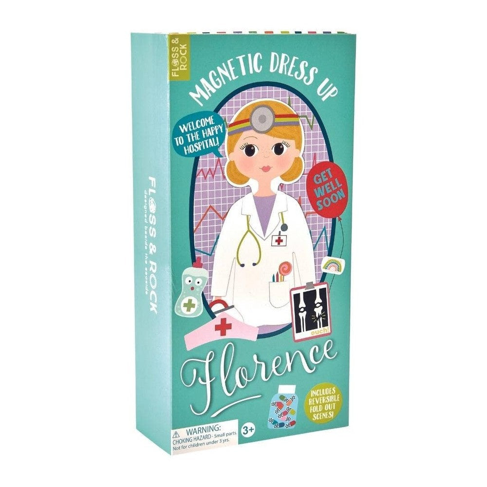 Floss & Rock Florence magnetic dress-up figure in teal packaging with a doctor costume and stethoscope