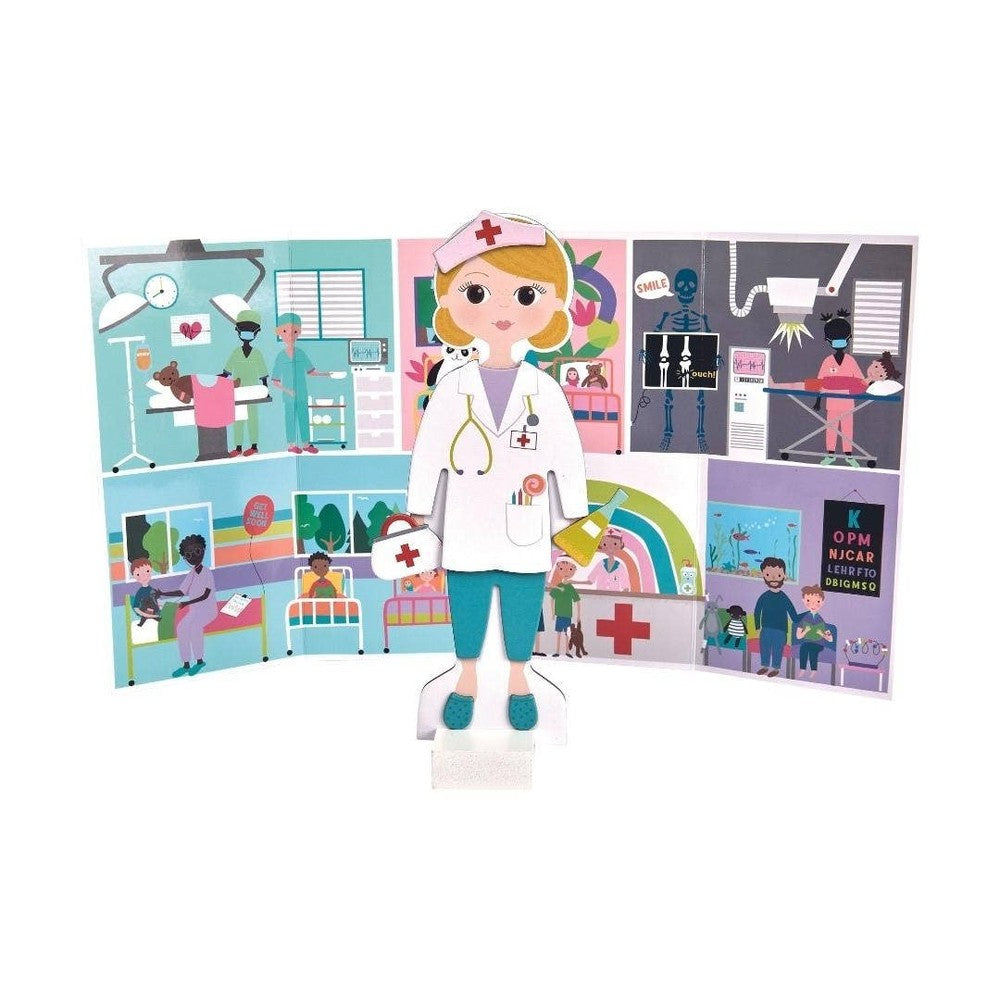 Floss and Rock Florence magnetic dress-up figure, nurse in white coat with stethoscope, bright hospital scene