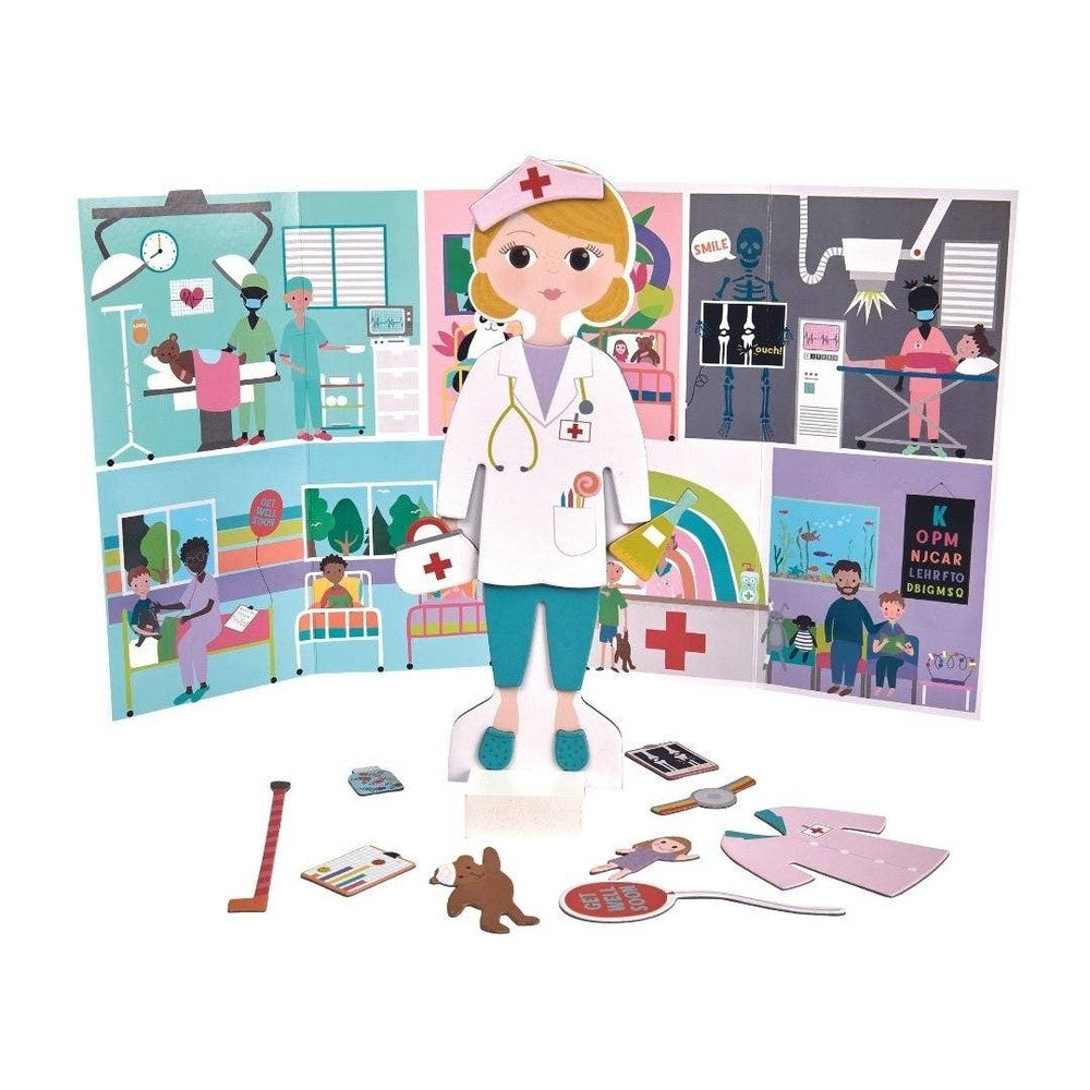 Floss and Rock Florence magnetic nurse dress-up doll with accessories against a colorful hospital backdrop