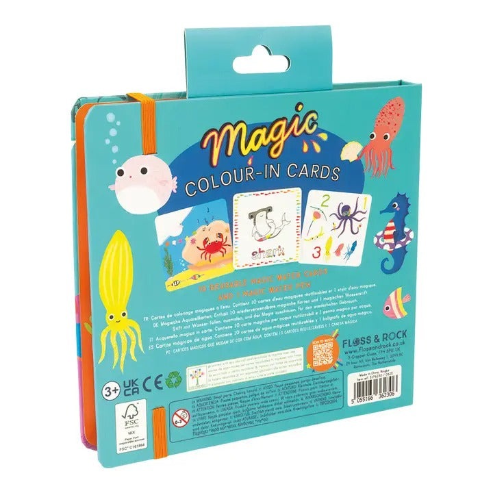 Floss And Rock Magic Color Changing Water Cards Ocean box showing illustrated ocean cards and orange elastic band
