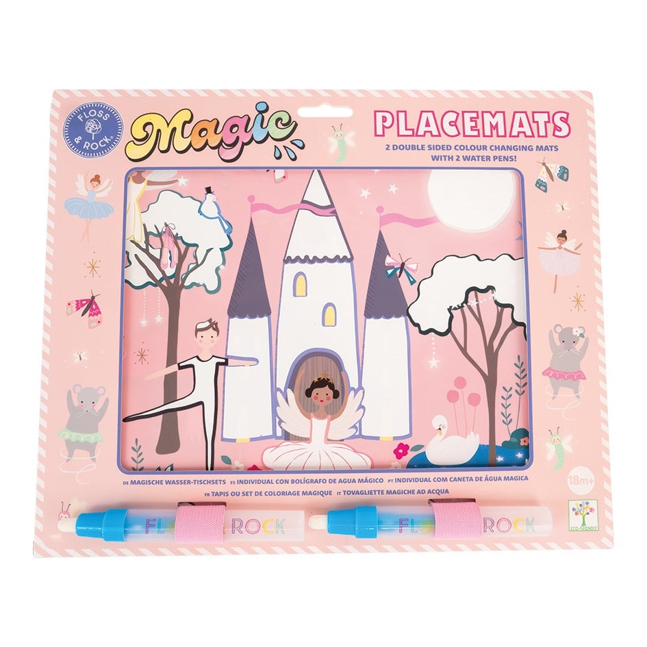Floss and Rock Magic Water Placemat set: pink castle scene, two color-changing mats, and two water pens.