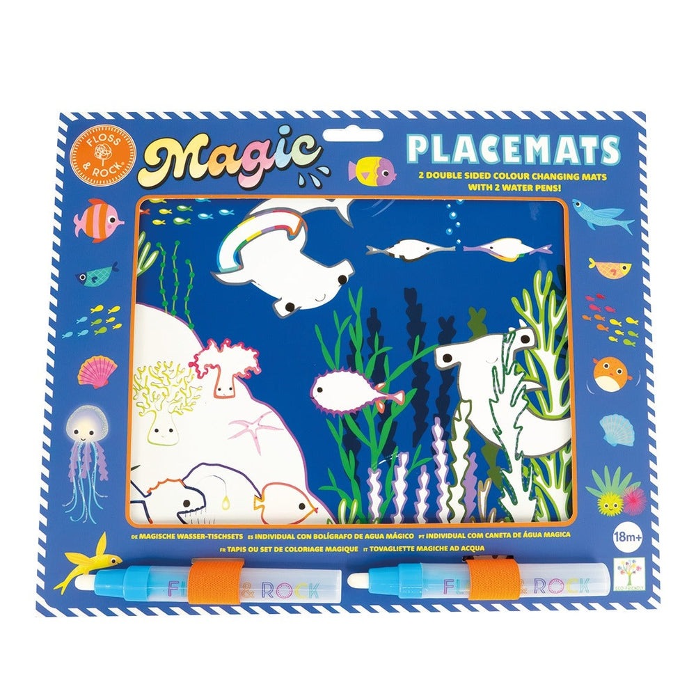 Floss And Rock Magic Water Placemats: blue underwater scene being colored with two water pens.