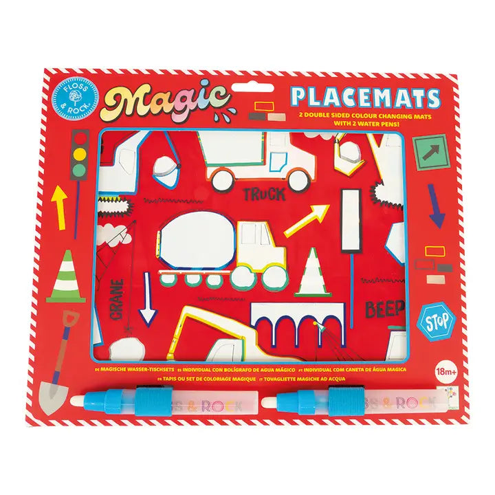 Floss And Rock Magic Water Placemat set with two water pens; kids draw to reveal colors on road-themed mats.