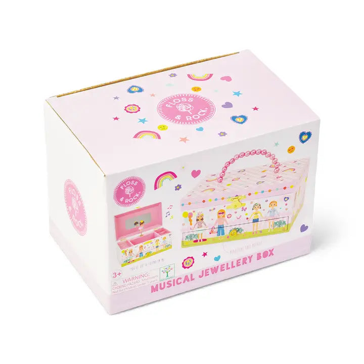 FLOSS AND ROCK Musical Jewellery Box Best Friends, pink with rainbow handle, open display showing mini storage drawer.
