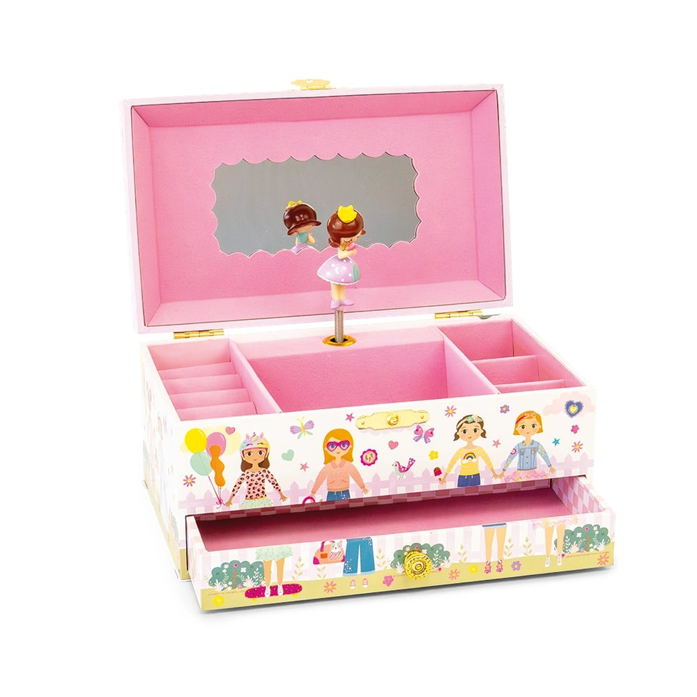 Floss And Rock Best Friends musical jewellery box in pink with a scalloped mirror and divided compartments
