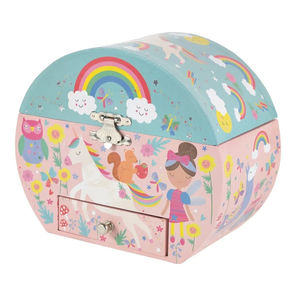 Floss And Rock Musical Jewelry Box Oval Rainbow Fairy in pastel pink/blue; silver latch and small drawer.