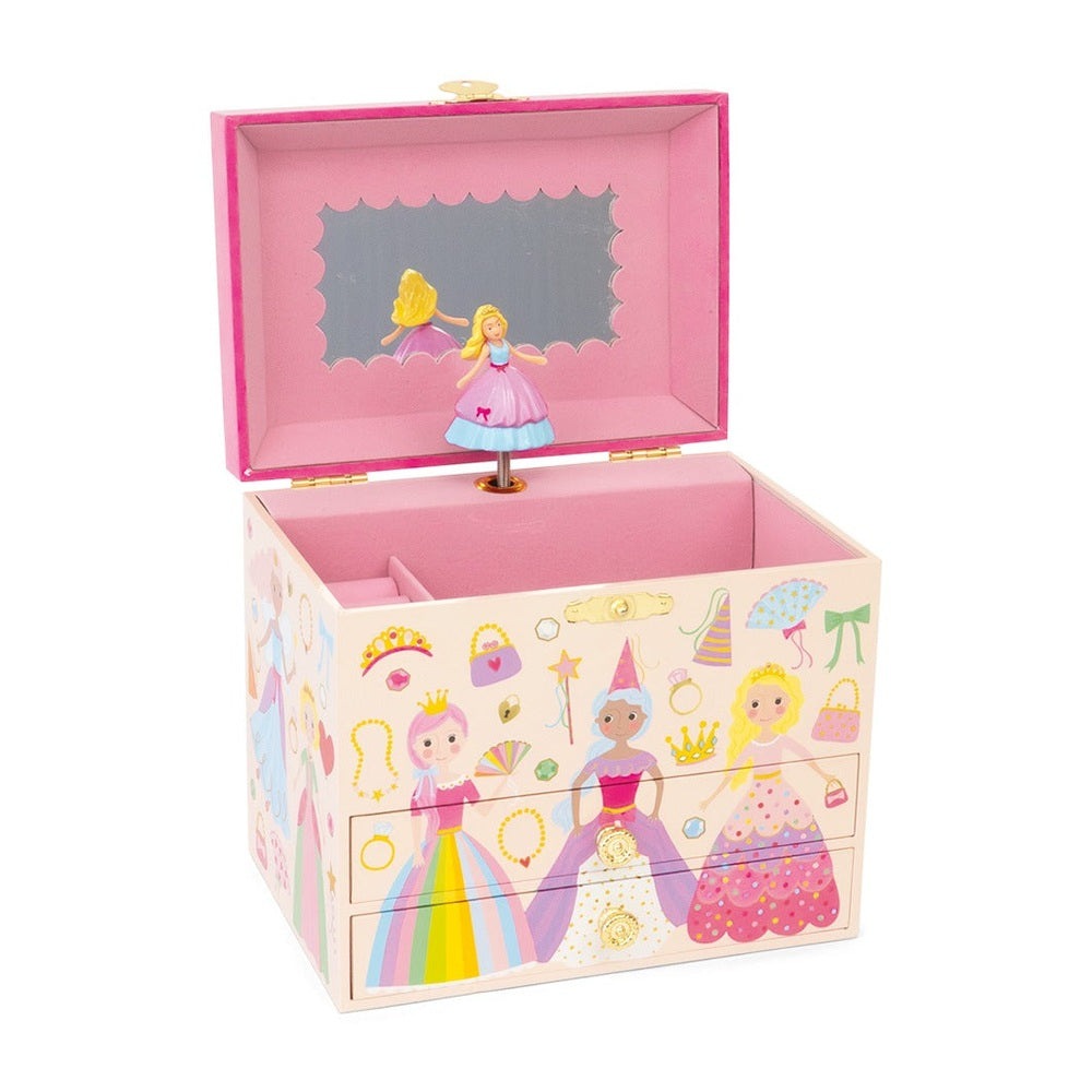 Floss And Rock Musical Jewelry Box Princess, pink interior, open lid shows a spinning ballerina atop a princess-themed jewelry chest.
