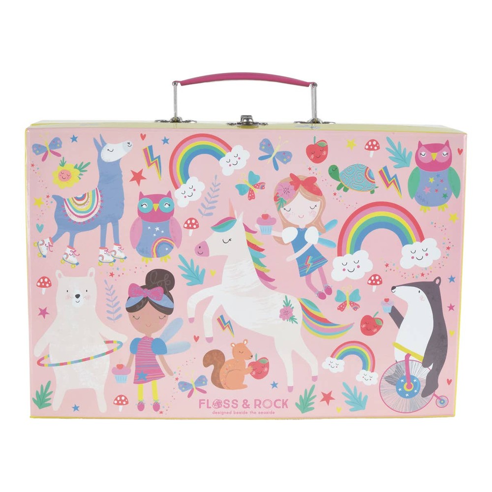 Floss and Rock Rainbow Fairy 12-piece musical kitchen set in pink case with unicorns and rainbows