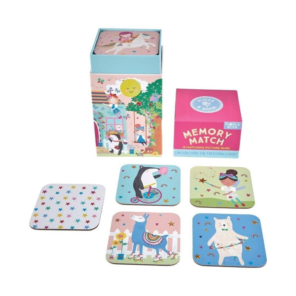 Floss & Rock Rainbow Fairy Memory Match game with 18 picture pairs; bright fairy, unicorn, and animal cards.