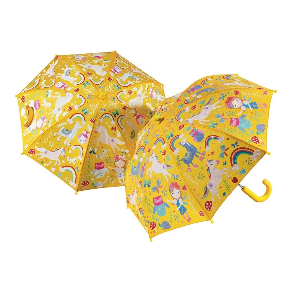 Floss and Rock Rainbow Fairy Umbrella set; yellow kids' umbrellas with unicorns and rainbows (2-pack)