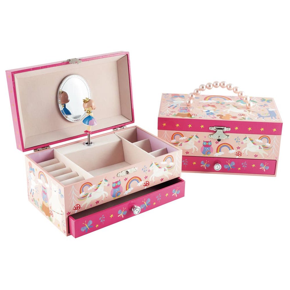 Floss and Rock Rainbow Woodland musical jewelry box with mirror lid, pink unicorn design, two-piece set