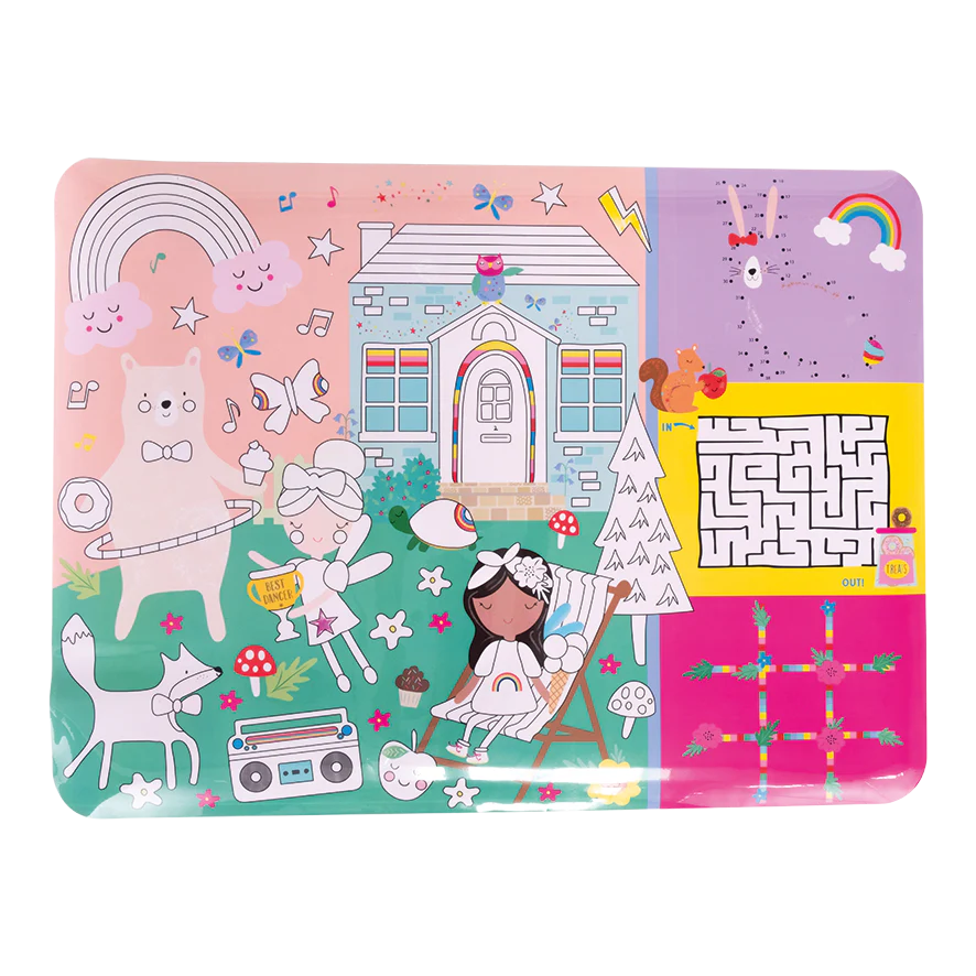 FLOSS AND ROCK Colouring Fun and Games Mat; pastel scene with children coloring on a decorative game mat.