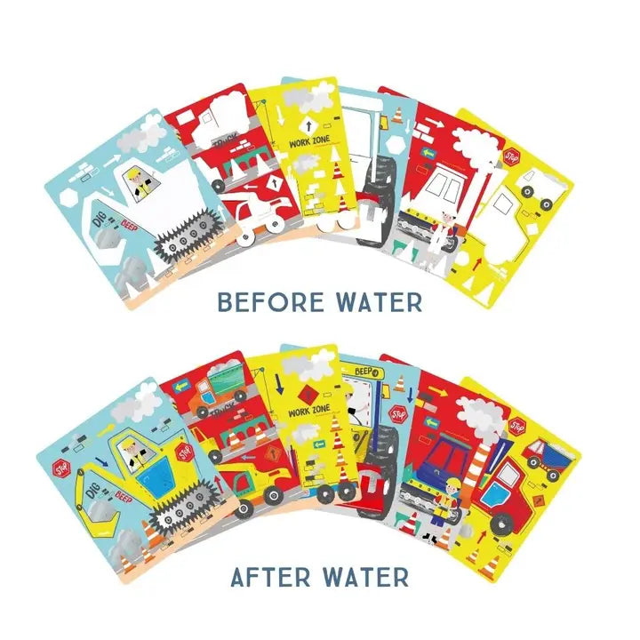 FLOSS AND ROCK Construction Easel Watercard and Pen; colorful water-reveal cards shown before and after water.