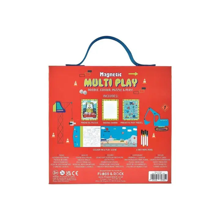 Floss and Rock Construction Magnetic Multi Play set in a red carry bag; a child uses magnetic pieces to build on the boards.