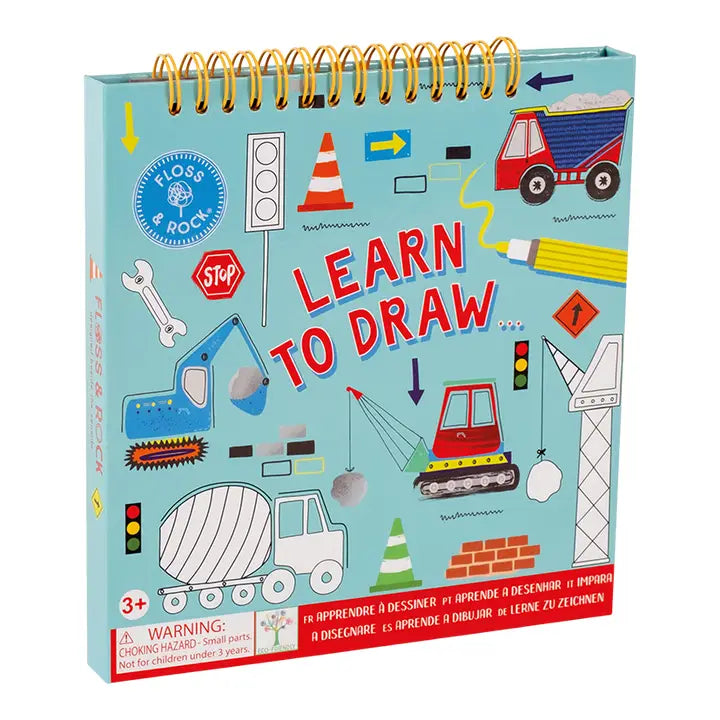 FLOSS AND ROCK Learn To Draw spiral-bound art book with construction-themed doodles and kid-friendly drawing prompts.