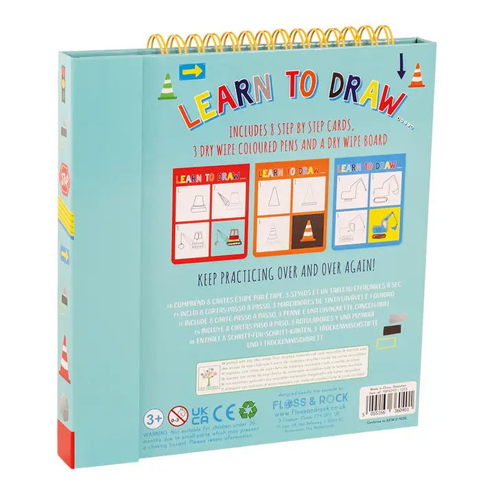 FLOSS AND ROCK Learn To Draw art kit in turquoise box, with step-by-step cards and a dry-wipe board.