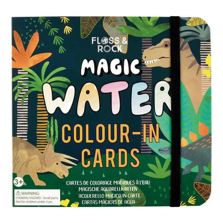 FLOSS AND ROCK Magic Water Colour-In Cards; colorful jungle-themed card set with elastic strap for easy storage