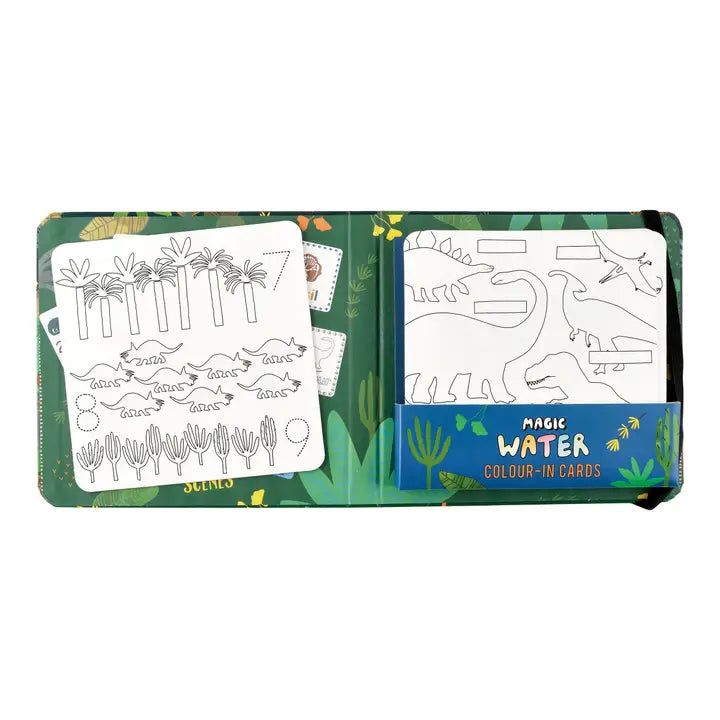FLOSS AND ROCK Magic Water Colour-in Cards set; dinosaur outlines on white sheets next to blue color-in box.