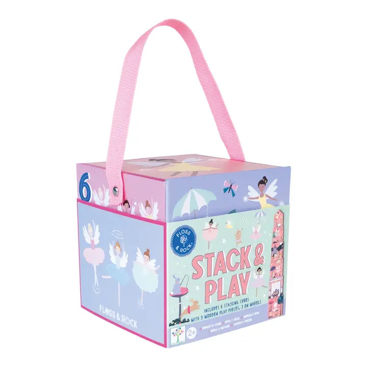 Floss and Rock Stacking Cubes in a pastel gift box with pink carry handle, featuring whimsical fairy illustrations.