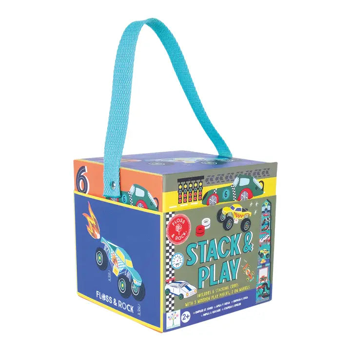 Floss and Rock Stacking Cubes tote with bright race-car art and blue handle for building play.