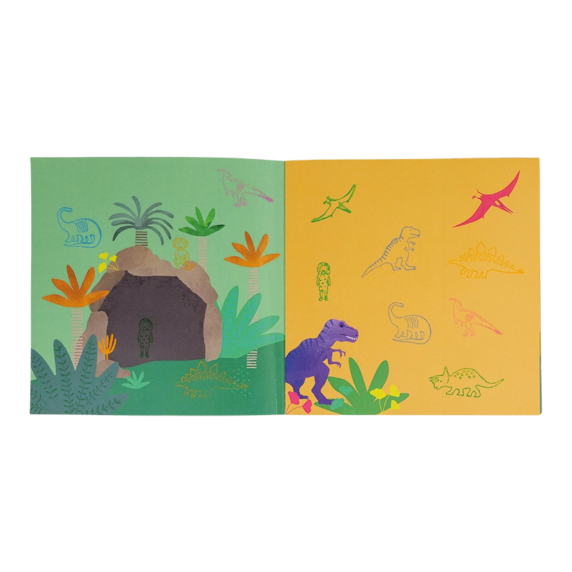 FLOSS AND ROCK Stamper Set for kids; two-page dinosaur-themed jungle scene with colorful stamps ready to press.