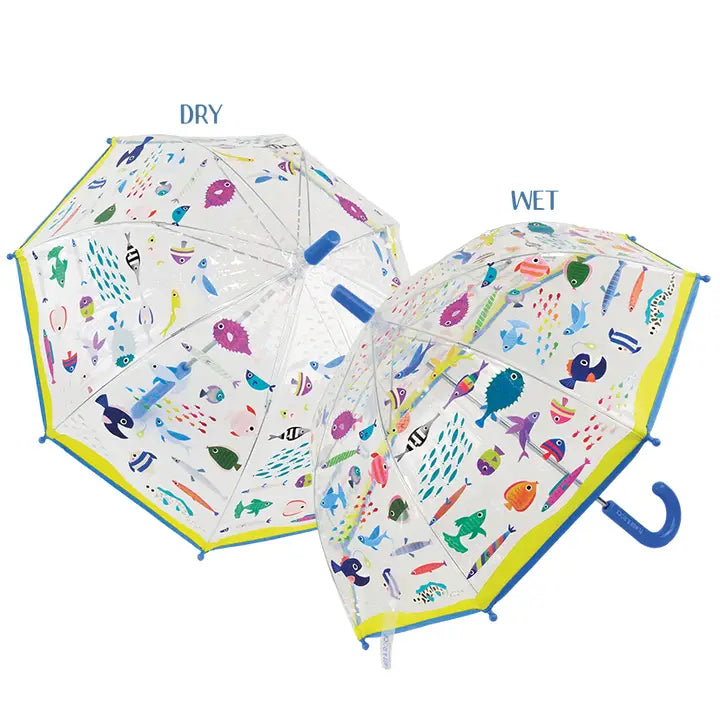 FLOSS AND ROCK Transparent Colour Changing Umbrella Ocean; clear canopy with marine prints and blue handle, shown dry and wet.