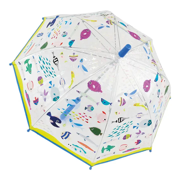 Floss and Rock Transparent Colour Changing Umbrella Ocean opened, clear canopy shows bright fish designs.