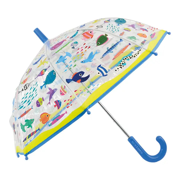 Floss and Rock Transparent Colour Changing Umbrella Ocean opened, blue curved handle, clear sea-creature canopy.