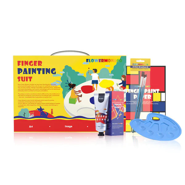 Finger painting kit Flower Monaco Finger Painting Suit; bright yellow packaging with paints, brushes, and blue palette