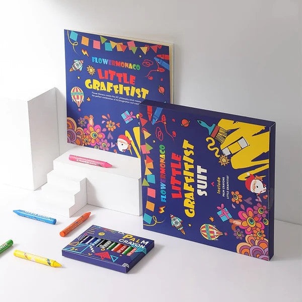 Flower Monaco Graffitist Suit art set from FLOWER MONACO, featuring two blue boxes and colorful crayons