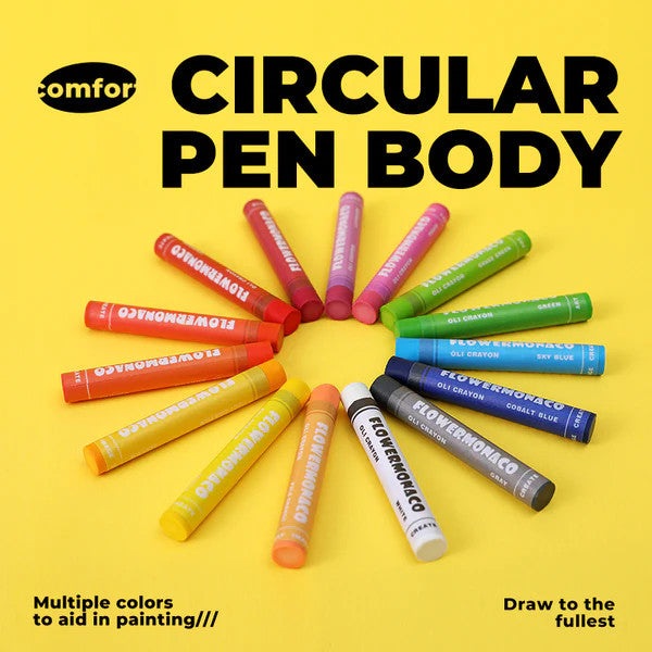 Flower Monaco oil crayons set of 12, assorted colors arranged in a circle on yellow background