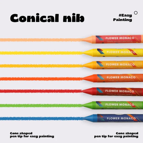 Flower Monaco Palm Crayons, 12-color set of cone-shaped drawing pencils in bright assorted colors; Flower Monaco branding.