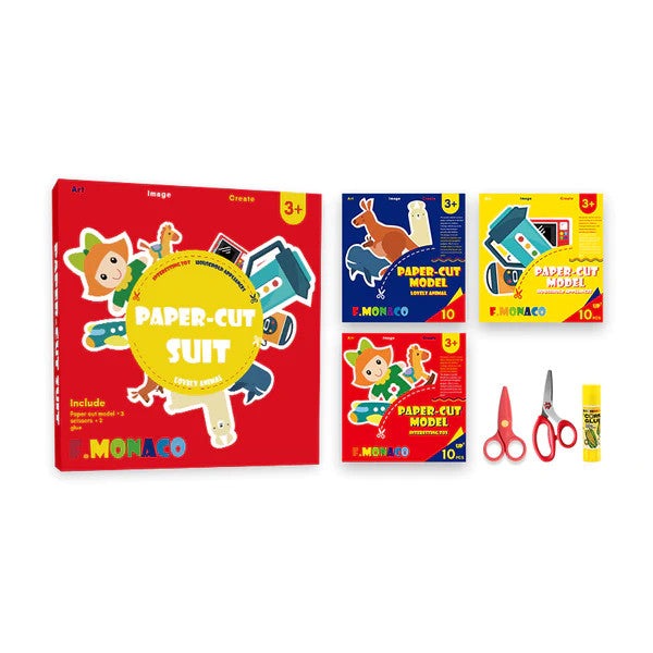 Flower Monaco Paper-Cut Series 3 Set craft kit with animals, toys and appliances including scissors