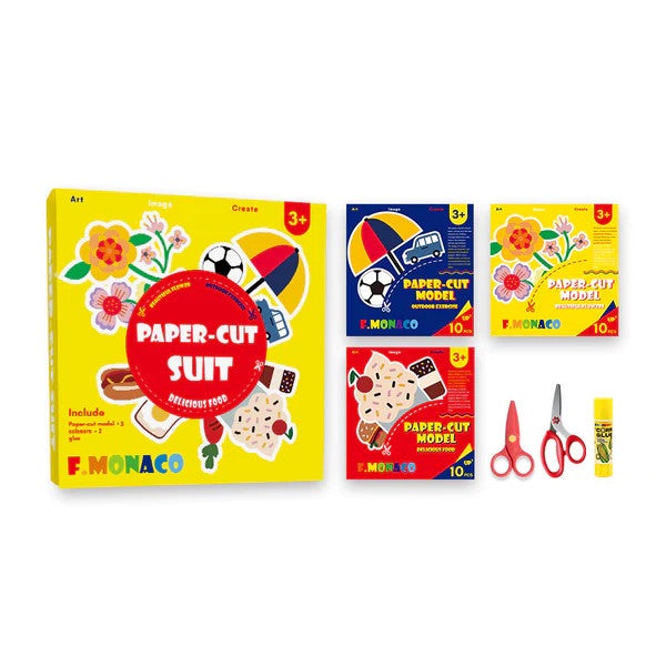 Flower Monaco Paper Cut Series craft kit set (4-piece) featuring Flowers, Food and Sports; includes scissors and glue