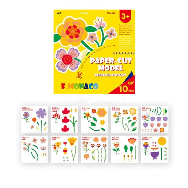 Flower Monaco Paper Cut Series Flowers craft kit with 12 flower cards in a bright yellow box