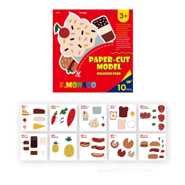Flower Monaco Paper Cut Series Foods craft kit, 10-piece set of colorful paper-cut food cards for kids