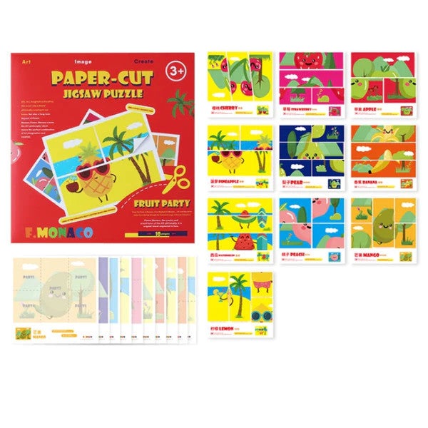 Flower Monaco paper-cut fruit puzzle set with colorful cards for kids; includes 12 cards from FLOWER MONACO