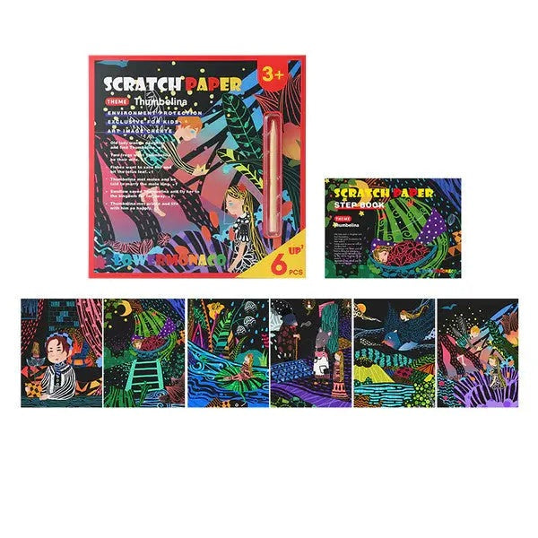 Flower Monaco Scratch Paper Set: six colorful scratch-art sheets with tools, shown as a child reveals bright designs.